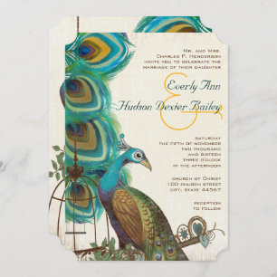 Rustic Peacock Bird Cage Feather Wedidng Invites