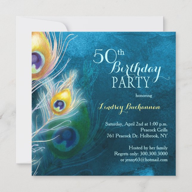 Rustic Peacock Blue 50th Birthday Party Invitation (Front)