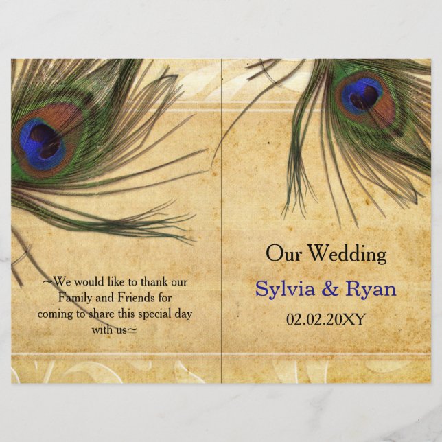 Rustic Peacock Feather bookfold Wedding program (Front)