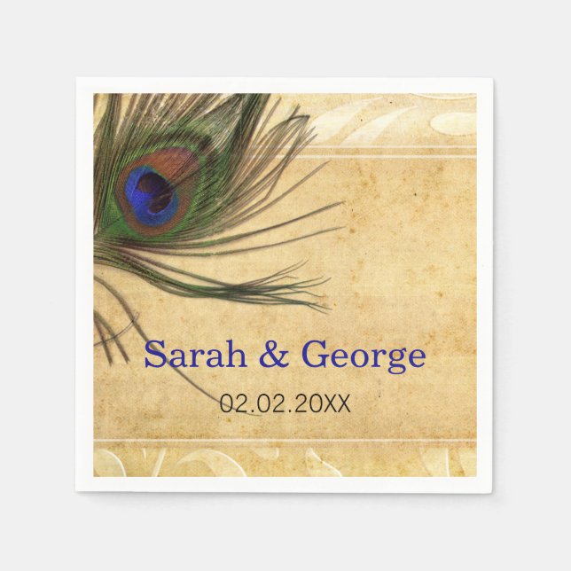 Rustic Peacock Feather personalised napkins (Front)