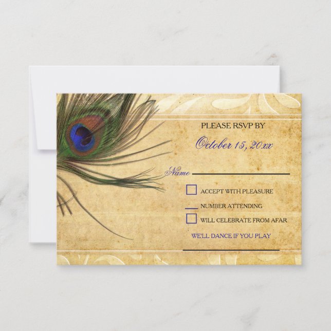 Rustic Peacock Feather wedding rsvp 3.5 x5 Card (Front)