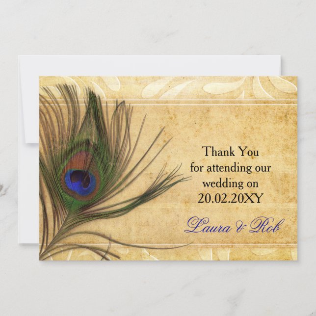 Rustic Peacock Feather wedding  Thank You cards (Front)
