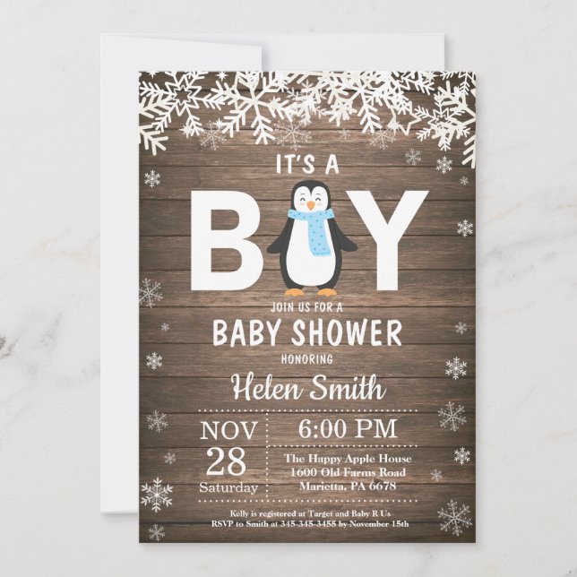 Rustic Penguin Winter Boy Baby Shower Invitation (Front)