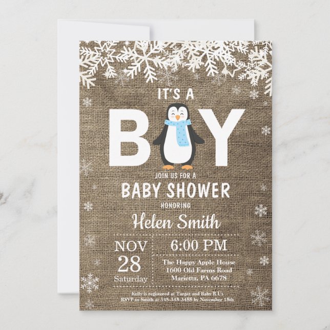 Rustic Penguin Winter Boy Baby Shower Invitation (Front)
