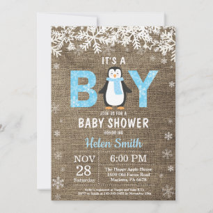 Rustic Penguin Winter Boy Baby Shower Invitation