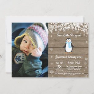 Rustic Penguin Winter Boy Birthday Photo Invitation