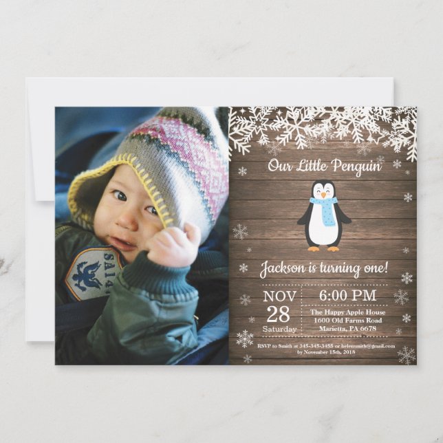 Rustic Penguin Winter Boy Birthday Photo Invitation (Front)