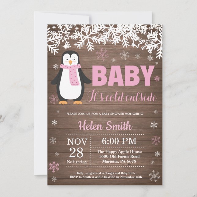Rustic Penguin Winter Girl Baby Shower Invitation (Front)