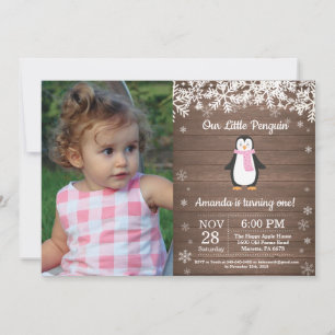 Rustic Penguin Winter Girl Birthday Photo Invitation