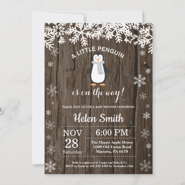 Rustic Penguin Winter Snowflake Baby Shower Invitation (Front)
