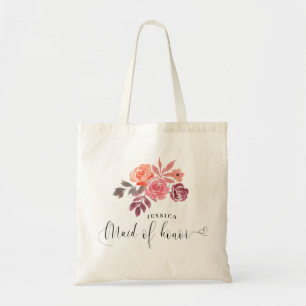 rustic peonies elegant script maid of honour tote bag