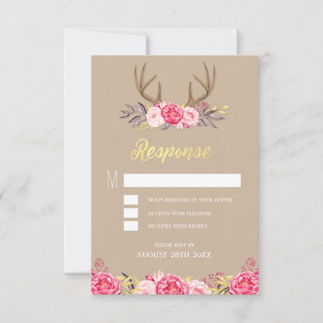Rustic Peony and Deer Antler Wedding RSVP Cards (Front)