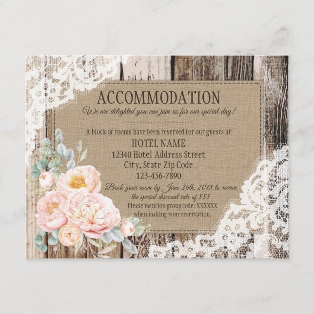 Rustic Peony Floral Wood Lace Accommodations Card (Front)