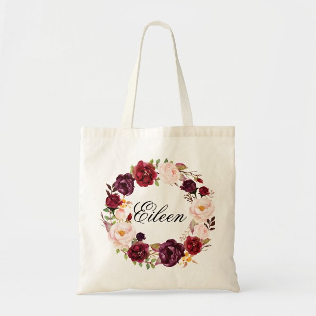 Rustic Peony Floral Wreath Wedding Welcome Tote Bag (Front)