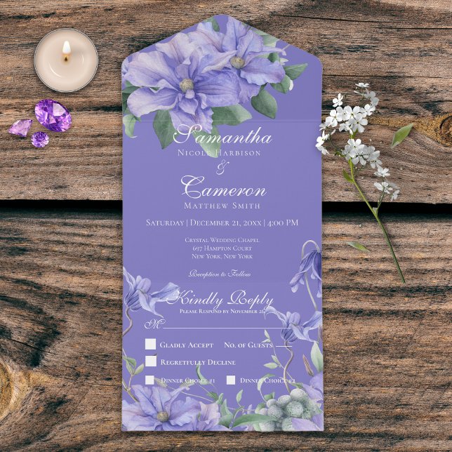 Rustic Peri Flowers & Butterfly Purple Dinner All In One Invitation (Creator Uploaded)