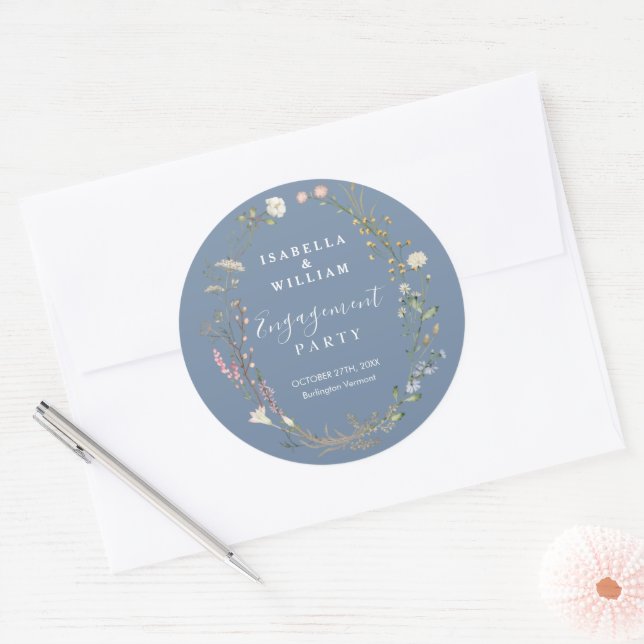 Rustic Periwinkle Boho Wildflower Engagement Party Classic Round Sticker (Envelope)