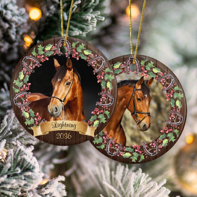 Rustic Personalised 2 Photo Horse Christmas Ceramic Ornament (Creator Uploaded)