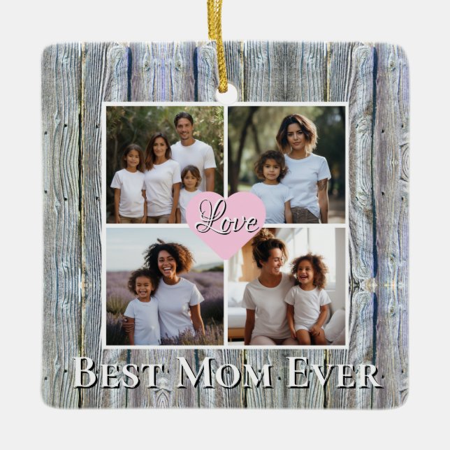 Rustic Personalised 4 photo Best Mum ever Ceramic Ornament (Front)