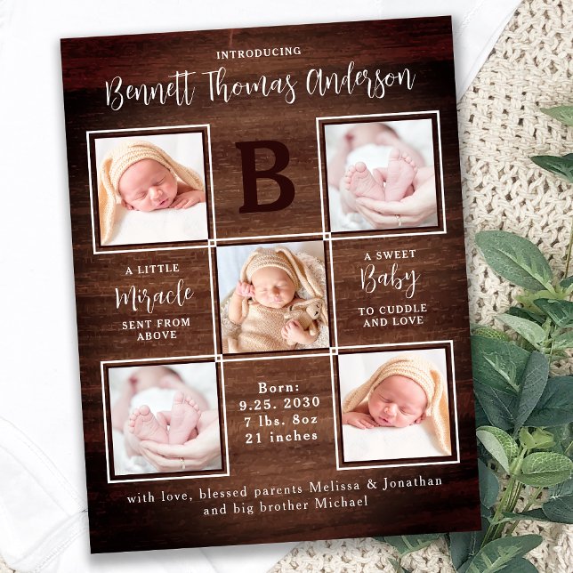 Rustic Personalised 5 Photo Newborn Baby Birth Announcement Postcard (Creator Uploaded)