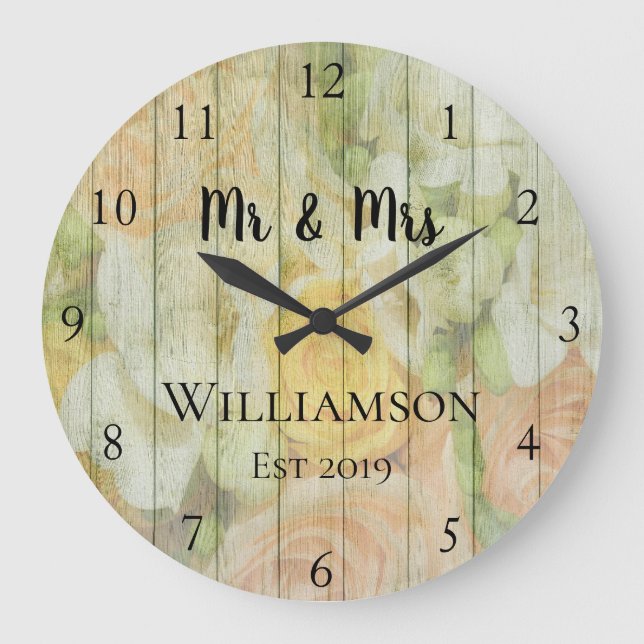 Rustic Personalised Antique Floral Wood Custom Large Clock (Front)