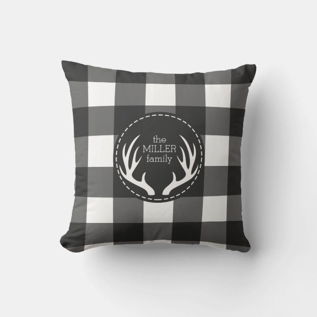 Rustic Personalised Black White Plaid Antler Cushion (Front)