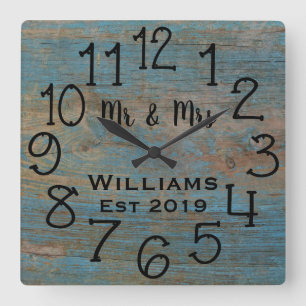 Rustic Personalised Blue Distressed Wood Custom Square Wall Clock