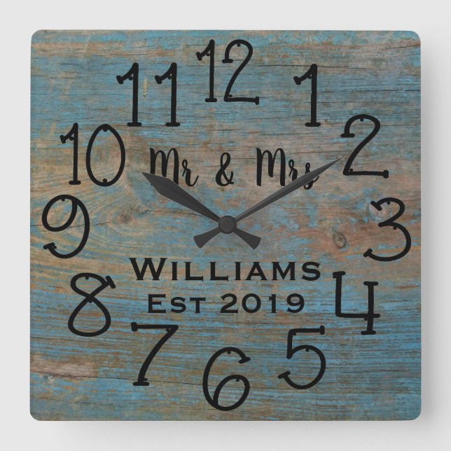 Rustic Personalised Blue Distressed Wood Custom Square Wall Clock (Front)