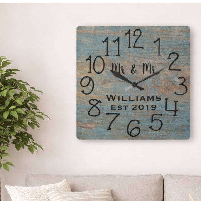 Rustic Personalised Blue Distressed Wood Custom Square Wall Clock (Creator Uploaded)