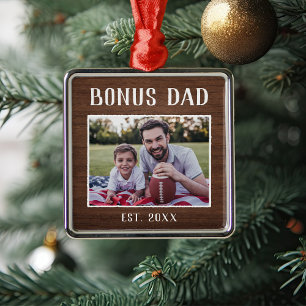 Rustic Personalised Bonus Dad Photo Metal Ornament