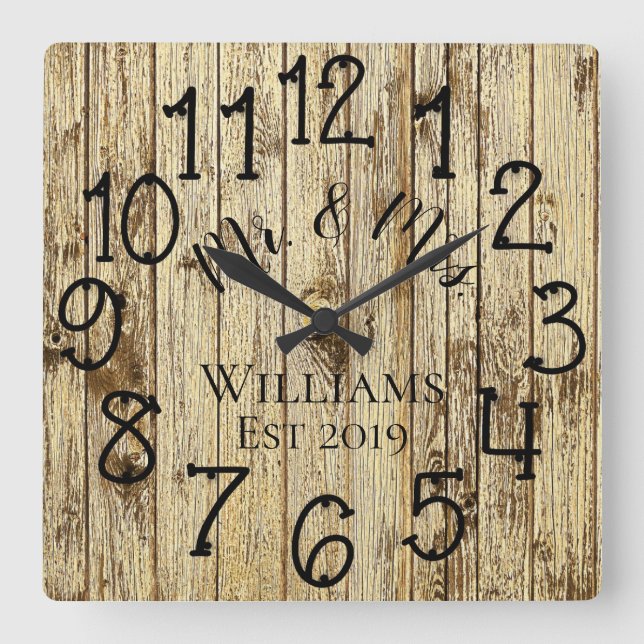 Rustic Personalised Brown Wood Custom Square Wall Clock (Front)