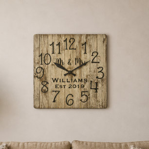 Rustic Personalised Brown Wood Custom Square Wall Clock