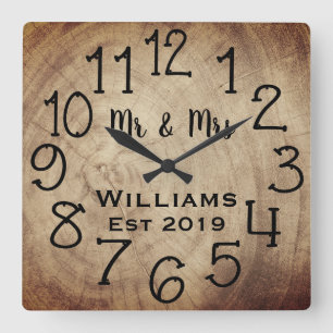 Rustic Personalised Brown Wood Custom Square Wall Clock