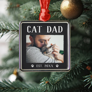 Rustic Personalised Cat Dad Photo Metal Ornament