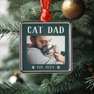 Rustic Personalised Cat Dad Photo Metal Ornament