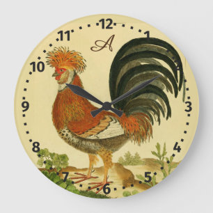Rustic Personalised Colourful Rooster chicken Roun Large Clock