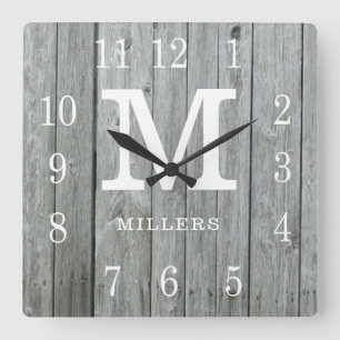 Rustic Personalised Grey Wood Farmhouse Monogram Square Wall Clock
