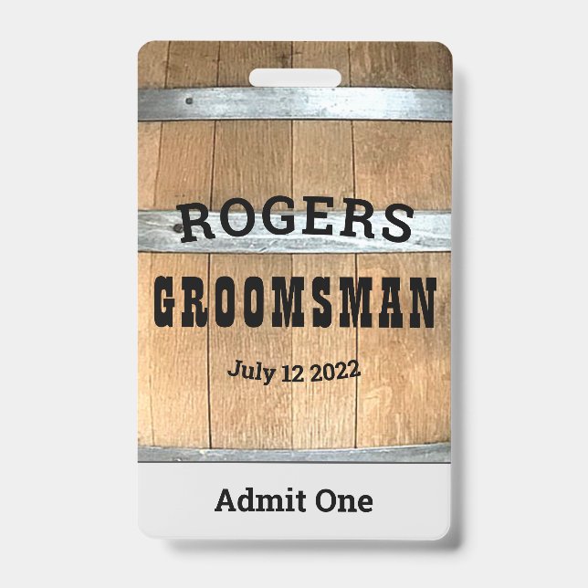 Rustic Personalised Groomsman Whiskey Barrel ID Badge (Front)