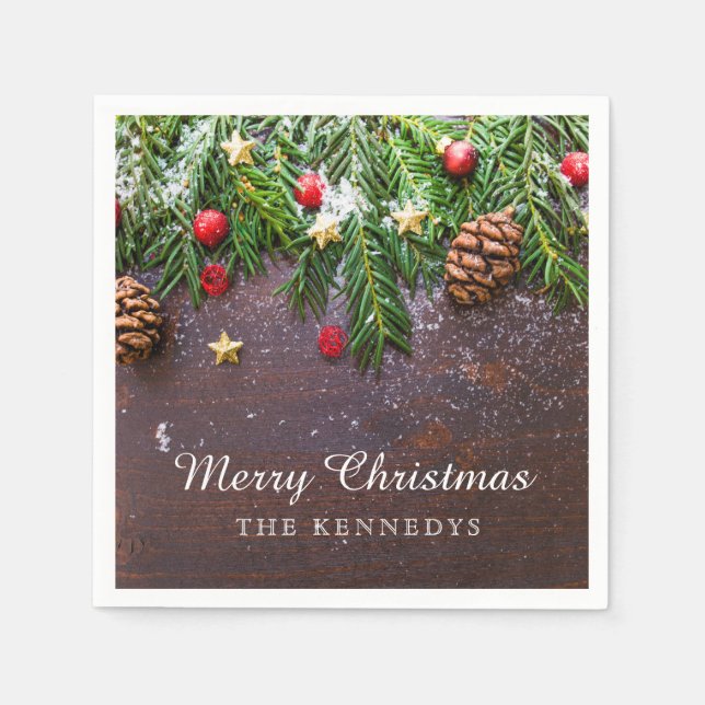 Rustic Personalised Merry Christmas Napkin (Front)