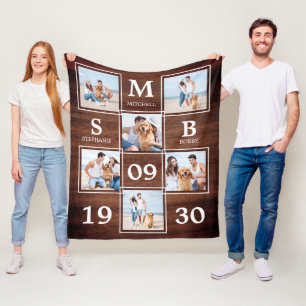 Rustic Personalised Monogram Couples Photo Collage Fleece Blanket