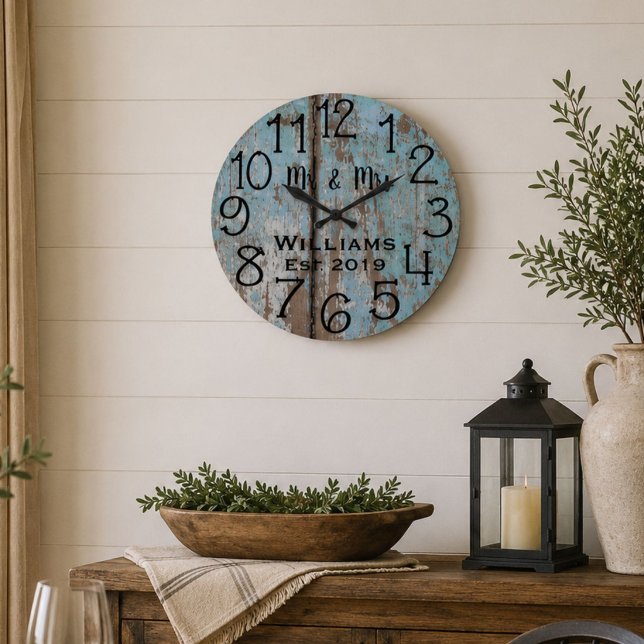 Rustic Personalised Teal Distressed Wood Custom Large Clock (Creator Uploaded)
