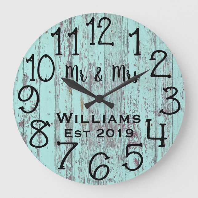 Rustic Personalised Teal Distressed Wood Custom Large Clock (Front)