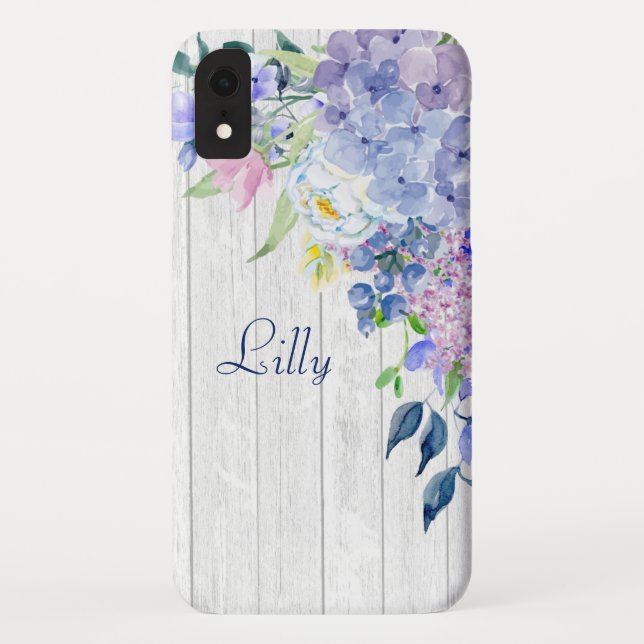 Rustic Personalised Watercolor Purple Hydrangeas Case-Mate iPhone Case (Back)