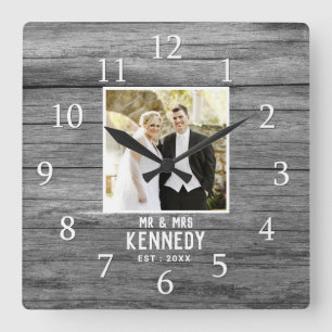 Rustic Personalised Wedding Anniversary Photo Wood Square Wall Clock