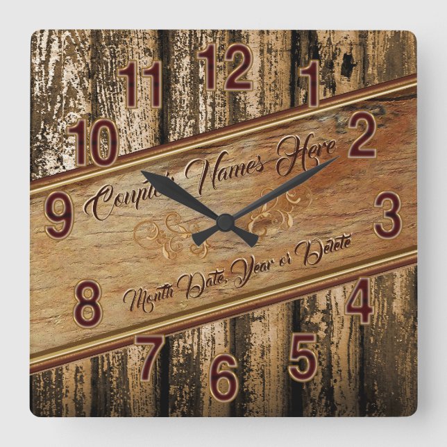 Rustic Personalised Wedding Gifts for Couple Square Wall Clock (Front)