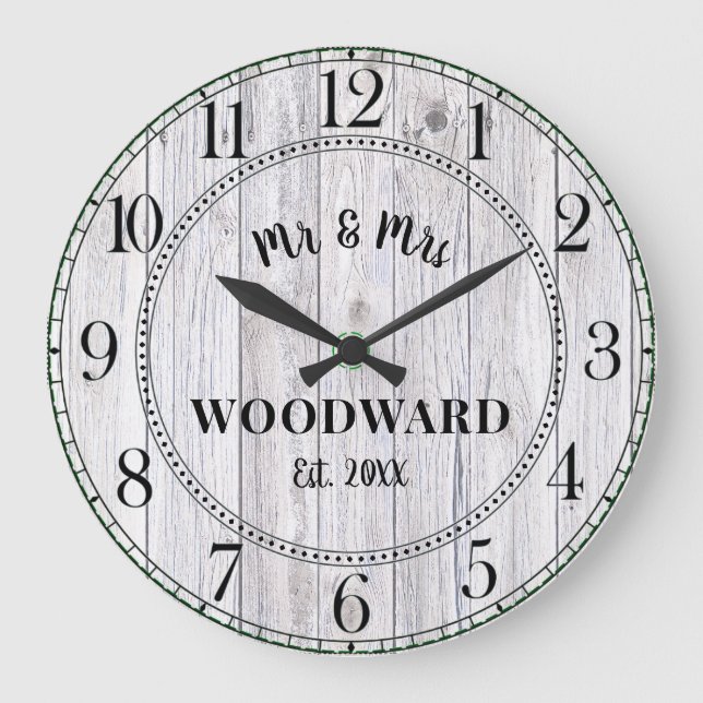 Rustic Personalised Wedding Newlyweds Large Clock (Front)