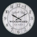 Rustic Personalised Wedding Newlyweds Large Clock<br><div class="desc">A rustic modern white washed barn wood shiplap monogrammed wedding wall clock with date established.</div>