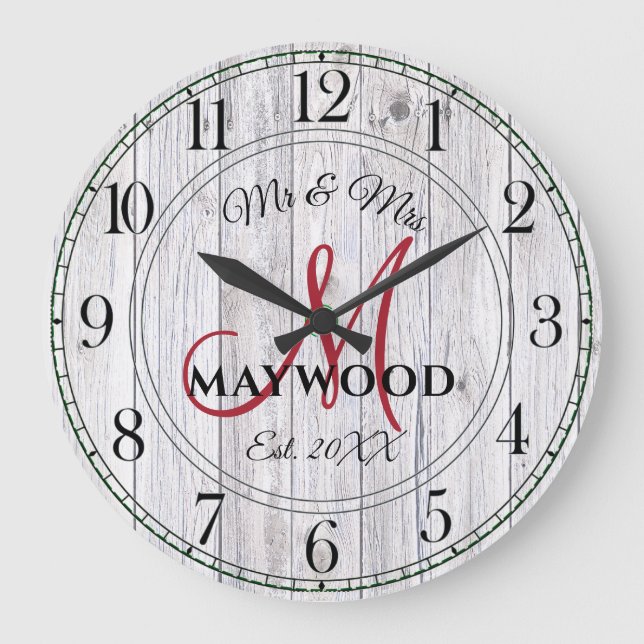 Rustic Personalised Wedding Newlyweds Monogrammed  Large Clock (Front)