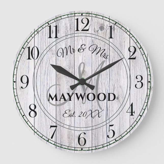 Rustic Personalised Wedding Newlyweds Monogrammed Large Clock (Front)