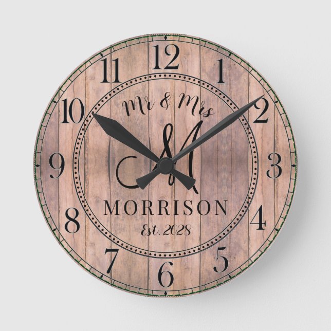 Rustic Personalised Wedding Newlyweds Round Clock (Front)