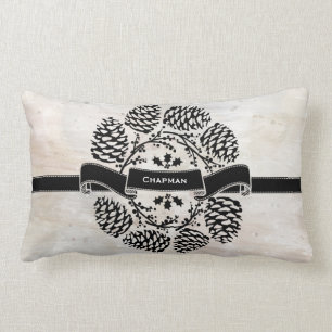 Rustic Personalised Winter Holly Pine Cones Laurel Lumbar Cushion
